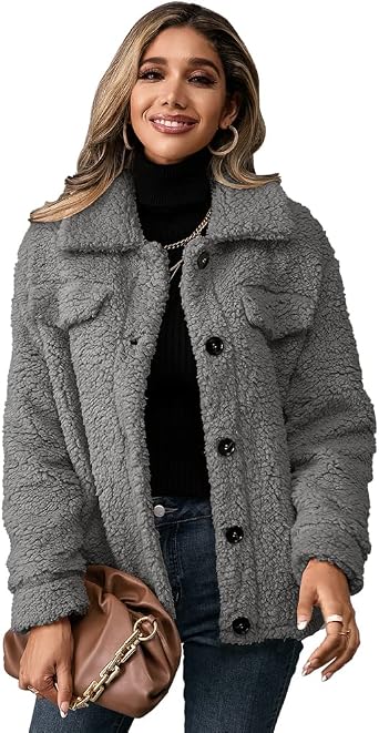 Womens Lapel Fleece Fuzzy Faux Shearling Buttons Casual Winter Warm Coats