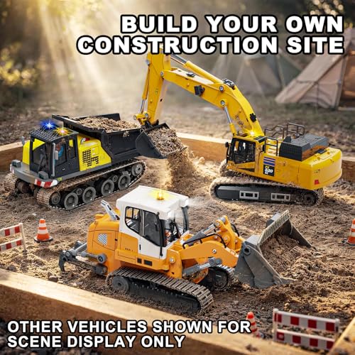 RC Radlader 1:50, Ferngesteuerter Crawler Loader mit Metallschaufel, Metallketten, 2,4 GHz LCD-Fernbedienung, Licht & Sound, 2 Akkus, realistisches Baustellenfahrzeug, für Erwachsene und ab 6 Jahren