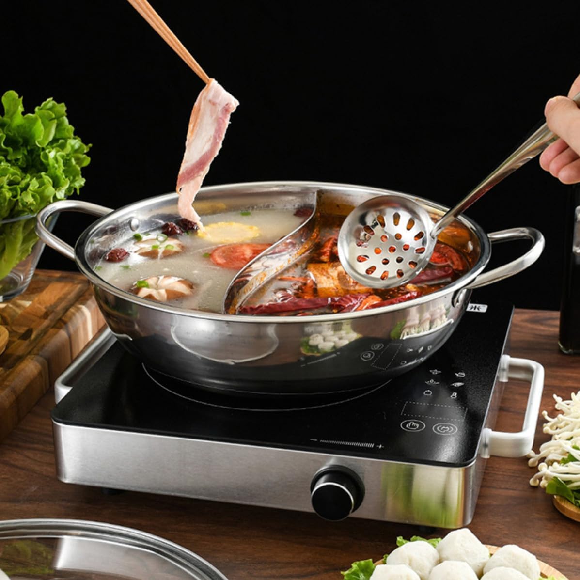 Stainless Steel Dual Hot Pot Set with Spoon Colander Xmas