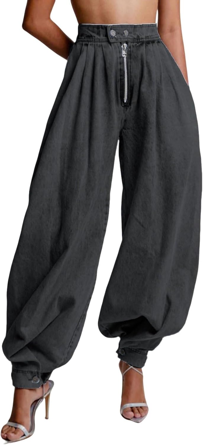 loveimgs Women Baggy Harem Jeans Joggers Denim Pants Wide Leg Jeans High Rise Sweatpants Tapered Leg Trousers
