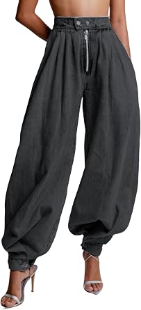 loveimgs Women Baggy Harem Jeans Joggers Denim Pants Wide Leg Jeans High Rise Sweatpants Tapered Leg Trousers