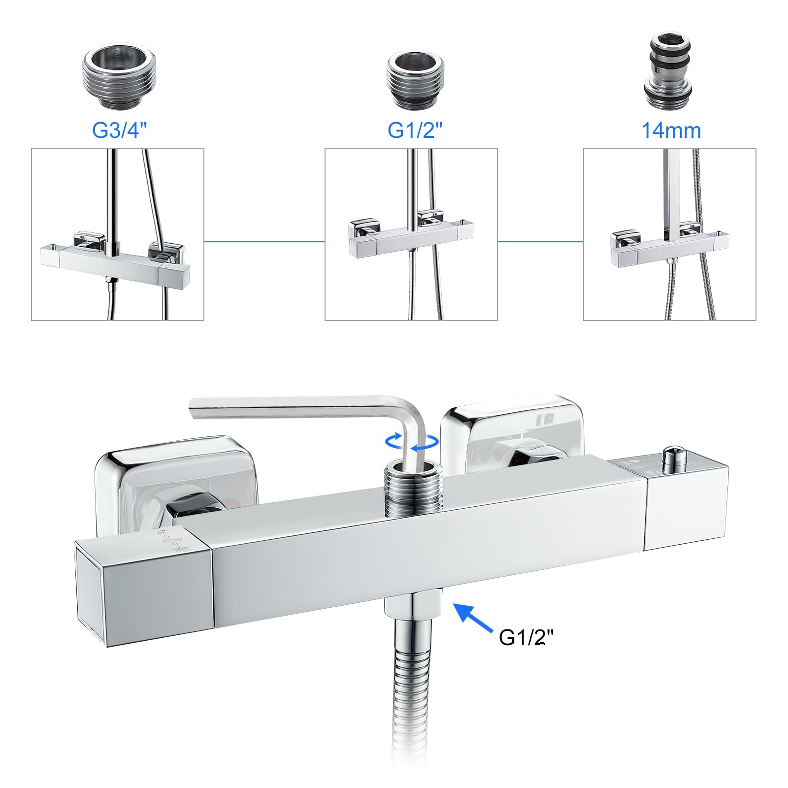 Thermostatic Shower Mixer with 38°C Safety Lock,KEOKBON 2 Function Exposed Thermostatic Bath Valve Bar Wall Mounted Top Outlet 3 Size(3/4" - Image 2