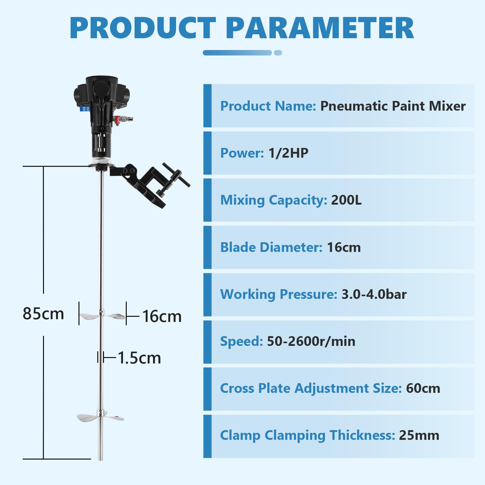 MXBAOHENG 1/2HP Agitadores de Aire IBC 200 L 50 galones Mezclador de pintura de aire comprimido con placa de cruz de acero inoxidable y abrazadera vertical Mezclador neumático para Disolvente de Tinta