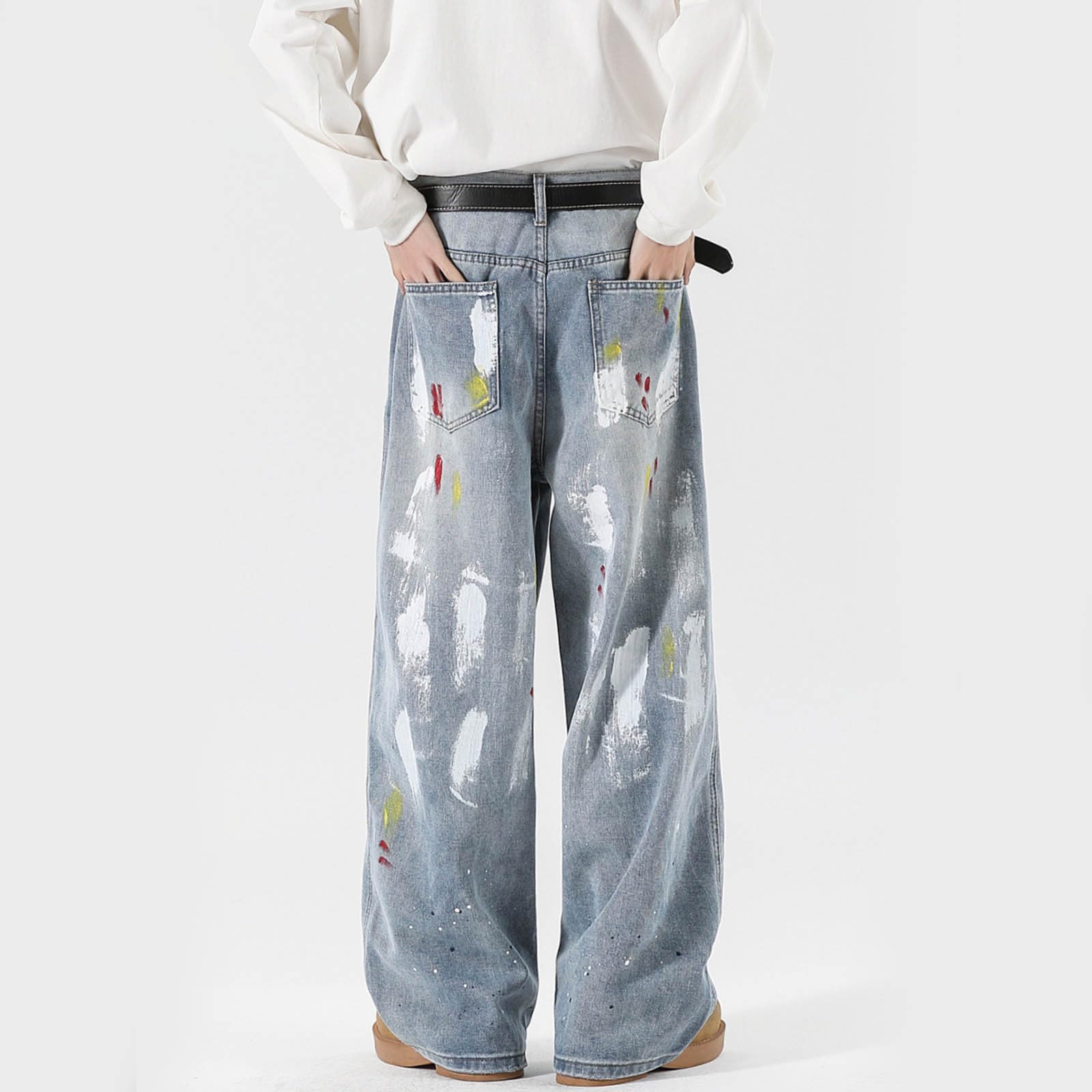 Generico Pantaloni Baggy Uomo Jeans Elefante Loose Zampa Larghi Moto Jins Slim Flare Invernali Fit Cargo Y2K Salopette Bootcut Balloon