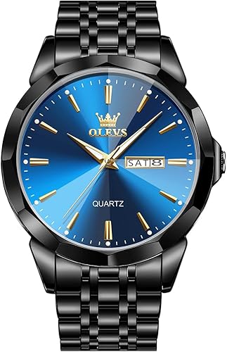 OLEVS Watch for Men Diamond Business Dress Analog Quartz Stainless Steel Waterproof Luminous Date Two Tone Luxury Casual Wrist Watch Blue
