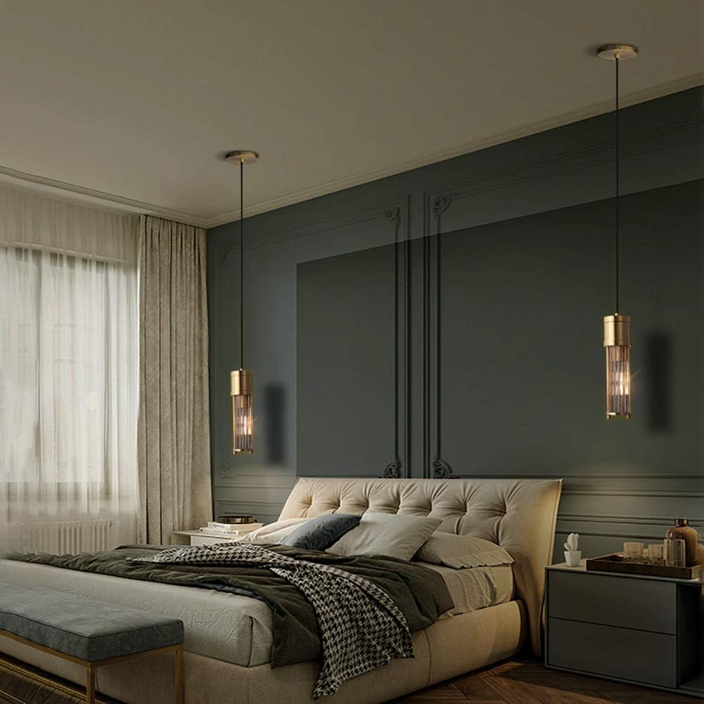 Linear Mini Crystal Glass Column Chandelier with Vintage Polished Brass Frame Modern Kitchen Island Pendant Light Hanging Geometric Ceiling Light Fixtures,Copper,1-Light