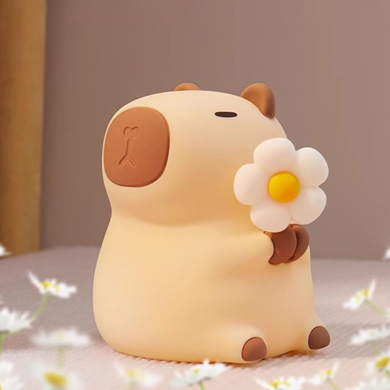 MOKYDUO Capybara Night Light, Nursery Lamp, 7-Color RGB & 3-Level Warm Dimmable Warm, Tap Control, 30Min Timer, 100% Safe &Soft Silicone, Adorable, Soothing Ambiance, Gift for Kids, Detachable Flower