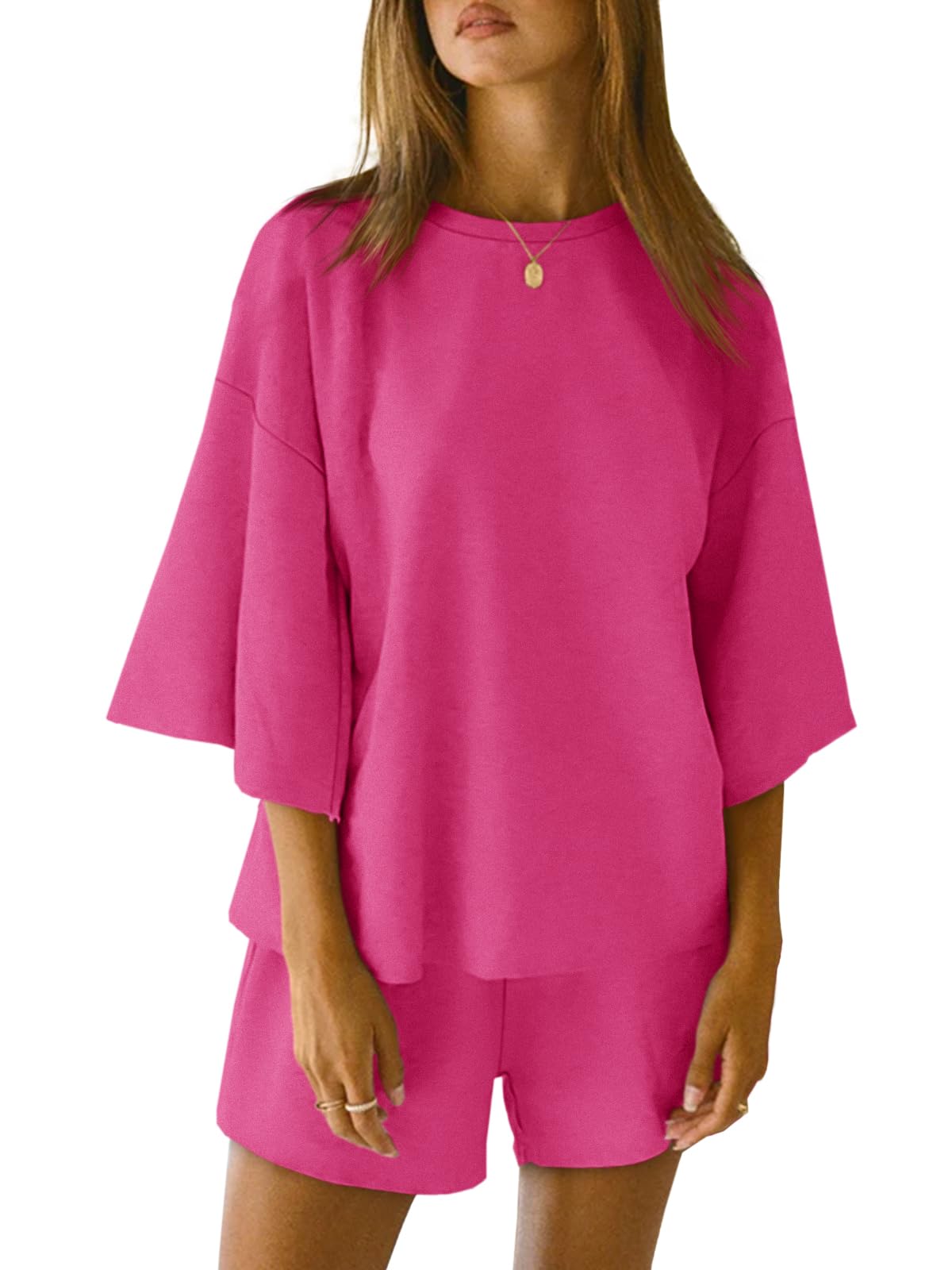 Tankaneo Womens Pajama Sets 3 4 Sleeve Oversized Tops and Elastic Waist Shorts Lounge Sets Loungewear