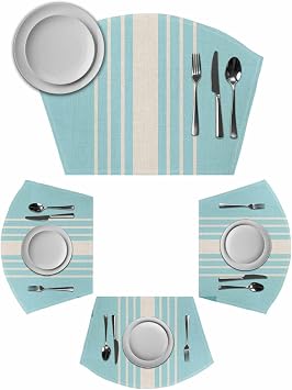 Aqua Beige Striped Round Table Placemats Set of 6 Wedge Placemats, Modern Farmhouse Retro Lines Place Mats for Dining Table Set Washable Mats Kitchen Decor for Indoor Outdoor Wipe Clean