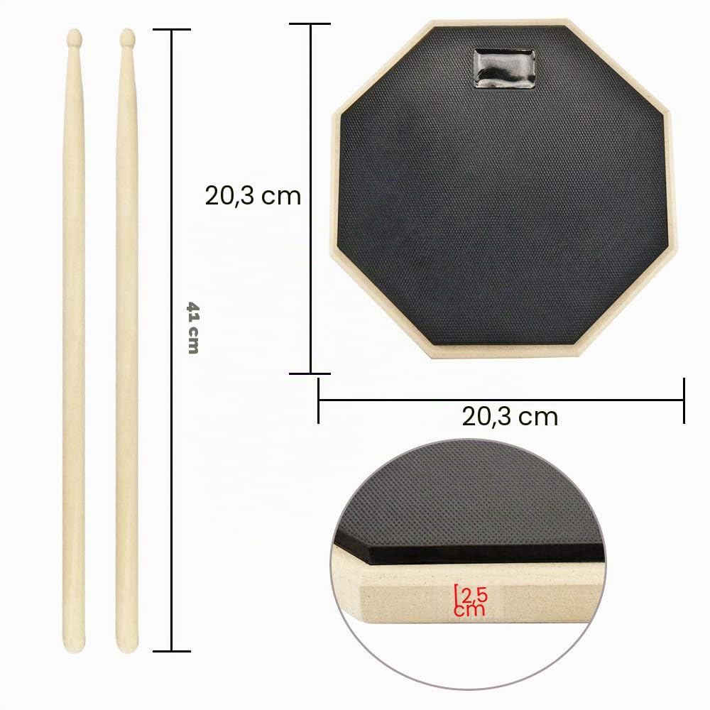 Pad Entraînement 8 Pouces, Caoutchouc et Bois Drum Practice Pad Kit pour Débutants et Professionnels avec 2 Pilon