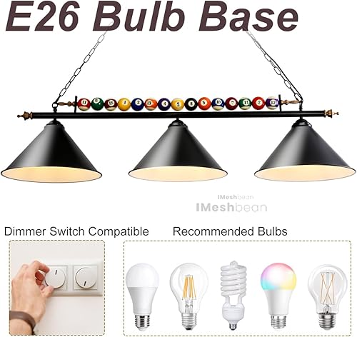 Miniatura 6 de Lámpara de mesa de billar de 47 pulgadas para mesas de 7 pies y 8 pies, colgar sobre billar con bola real y 3 pantallas de lámpara de metal