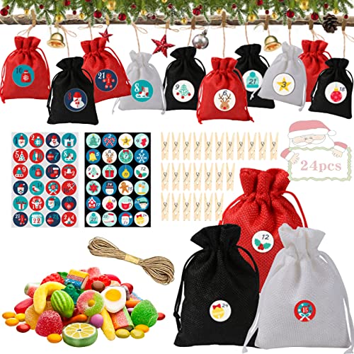 JOKILY 24 sachets de calendrier de l'Avent à remplir soi-même, sacs en tissu DIY calendrier de l'Avent 2021 à remplir soi-même, sacs cadeaux de Noël avec 48 chiffres de l'Avent (A) Cover