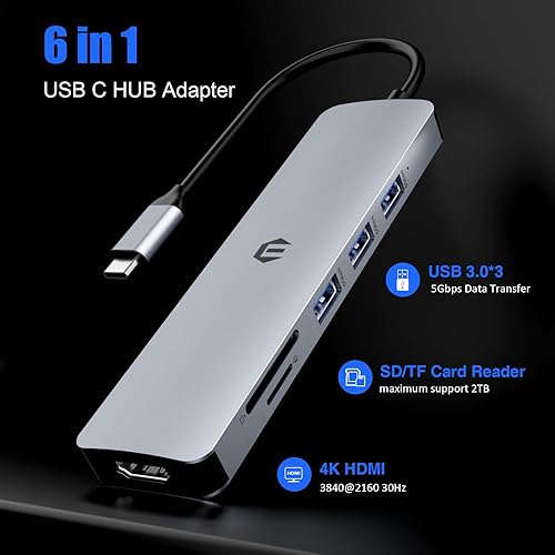 Miniatura 2 de Hub USB C 6 en 1, concentrador multipuerto Tiergrade con salida HDMI 4K, 3 puertos USB-A con transferencia de datos de 5 Gbps, base USB C para