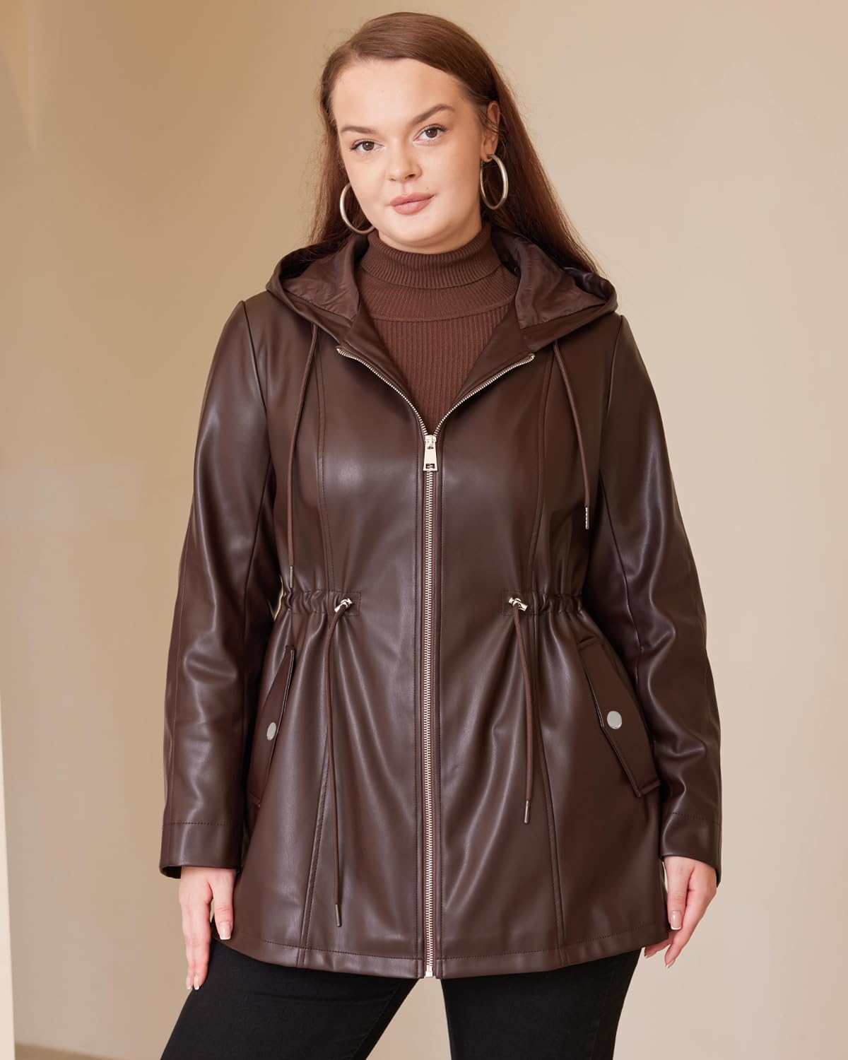 Women Faux Leather Jacket Plus Size Hooded Long Coat PU Motorcycle Moto Biker Jacket With Drawstring - Image 2