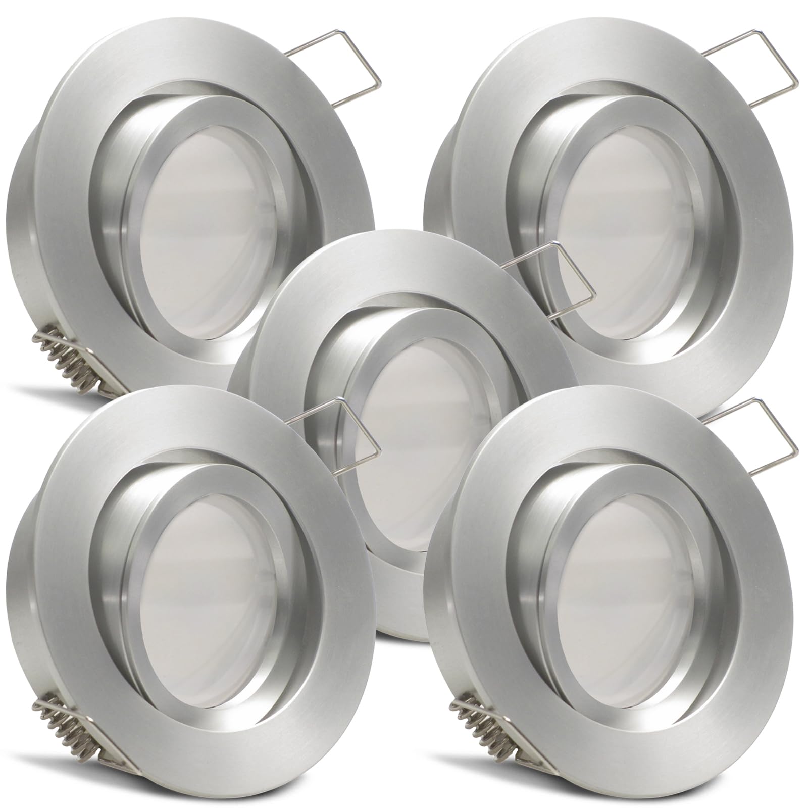 trendlights24 Lucido LED Einbaustrahler flach dimmbar Alu 230V 5W 5er Set | extra flach, ET 35 mm, LED Spot, 400lm, Neutralweiß, 4000K, Deckenspots, Decken Einbauleuchte, Alu Silber, rund, schwenkbar