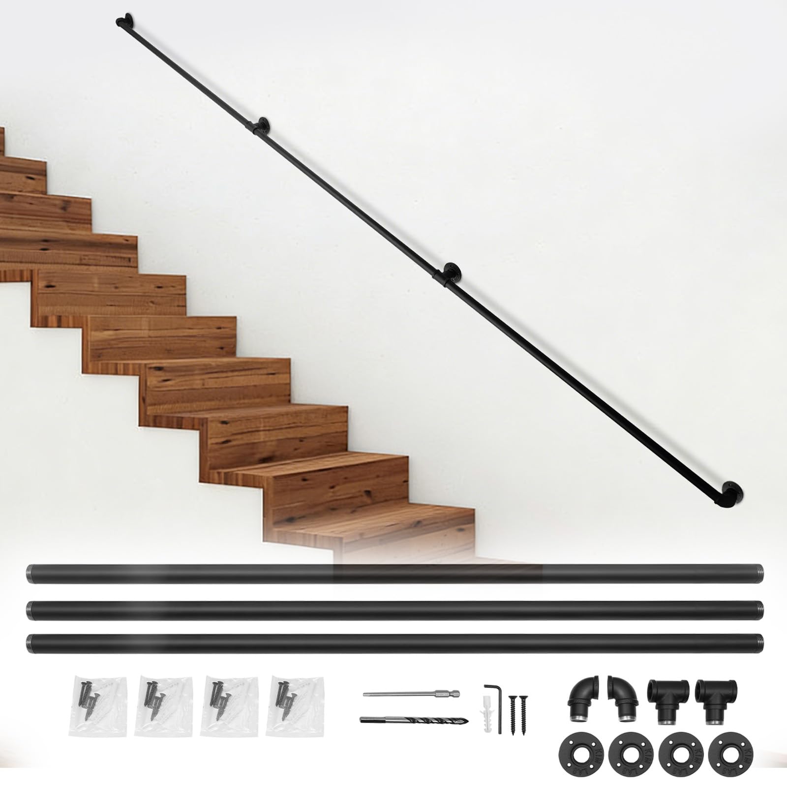 Main courante pour escaliers de 115 cm en métal noir avec fixations en T et coudes