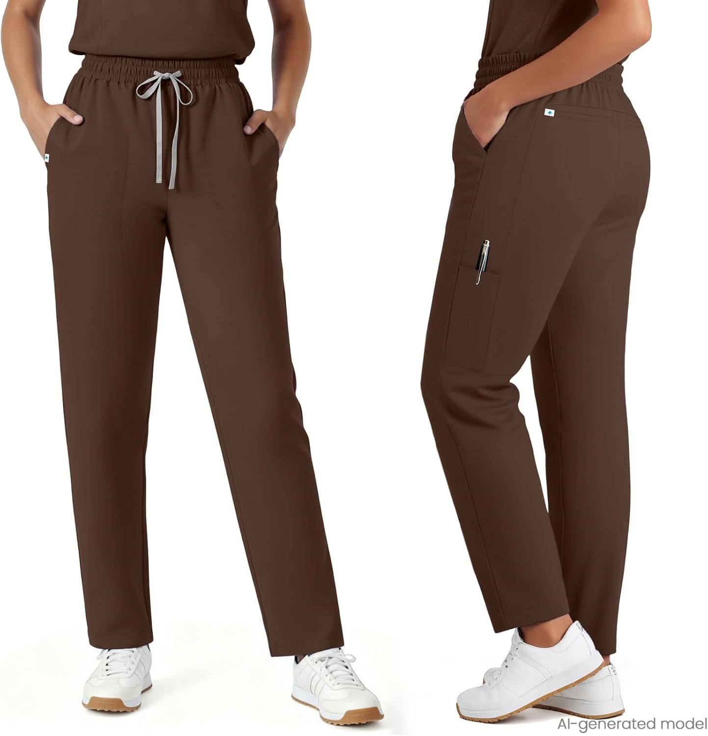 Scrubs for Women Set, V-Neck Top & Stretch Tapered Pants, 9 Pockets