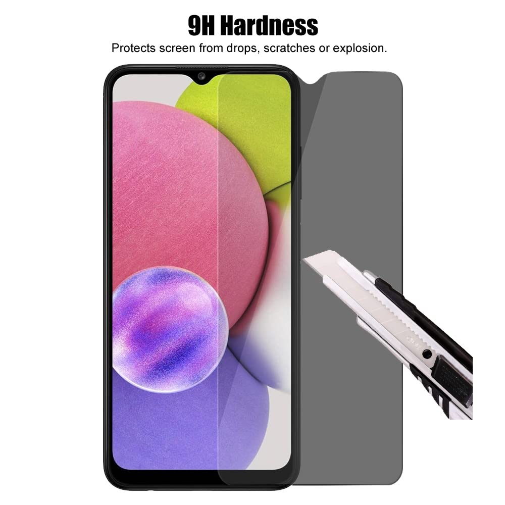 (3+3) Protector de pantalla de privacidad para Samsung Galaxy A03s (paquete de 3) película de vidrio templado privado antiespía y (3 unidades) Protector de lente de cámara, dureza 9H, 2.5D