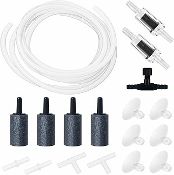 Moonorange Aquarium Air Pump Accessories Kit with Standard Tubing, 4pcs Air Stones, 2pcs Check Valves, 6pcs Suction Cups, 4pcs Connectors, T Shape Control Valve 10 Ft. Tubing Kit
