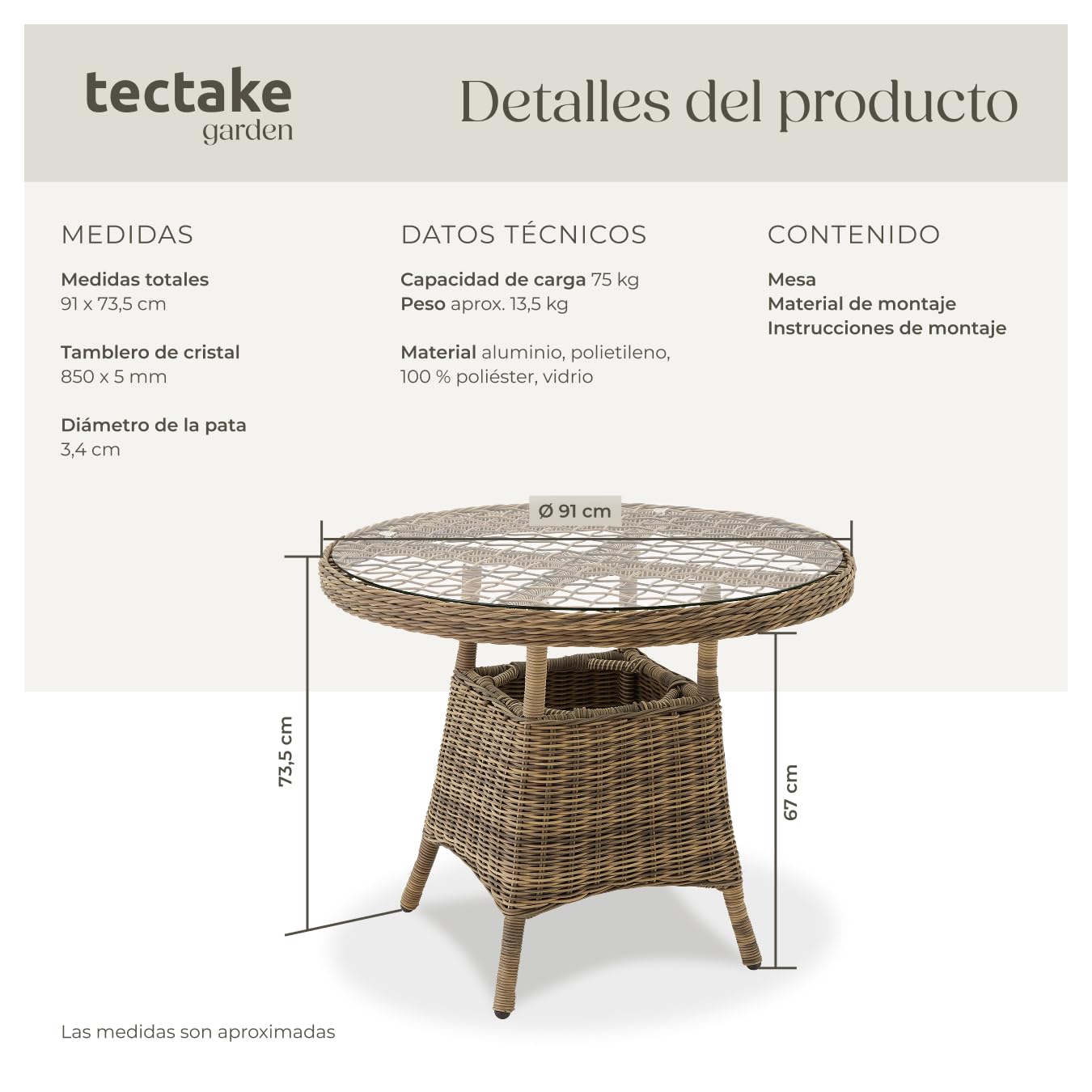tectake® Mesa Jardín Exterior de Ratán y Aluminio Inoxidable, Mesa Terraza con Tablero Extraíble de Vidrio de Seguridad, Mueble Jardín Resistente a Intemperie, Topes en Patas, Fácil Montaje - Natural
