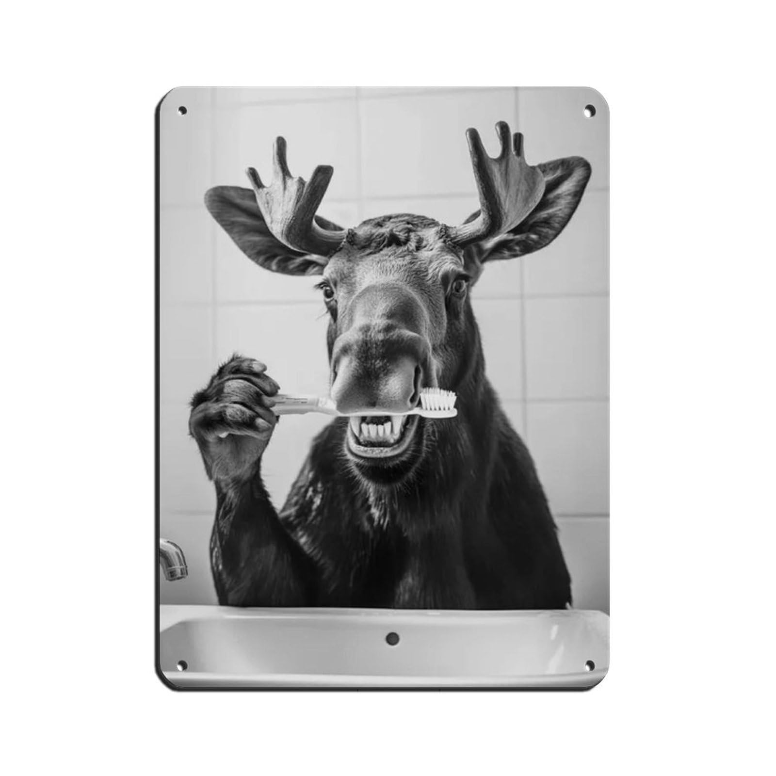 Moose Brushing Teeth, Funny Bathroom Art Tin Sign Vintage Metal Pub Club Cafe Bar Home Wall Art Decoration Poster Retro 12x16inch(30x40cm)