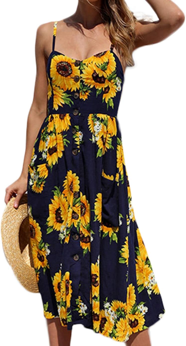 PIZOFF Women's Dresses Summer Floral Backless Spaghetti Strap Button Down Midi Dress with Pockets