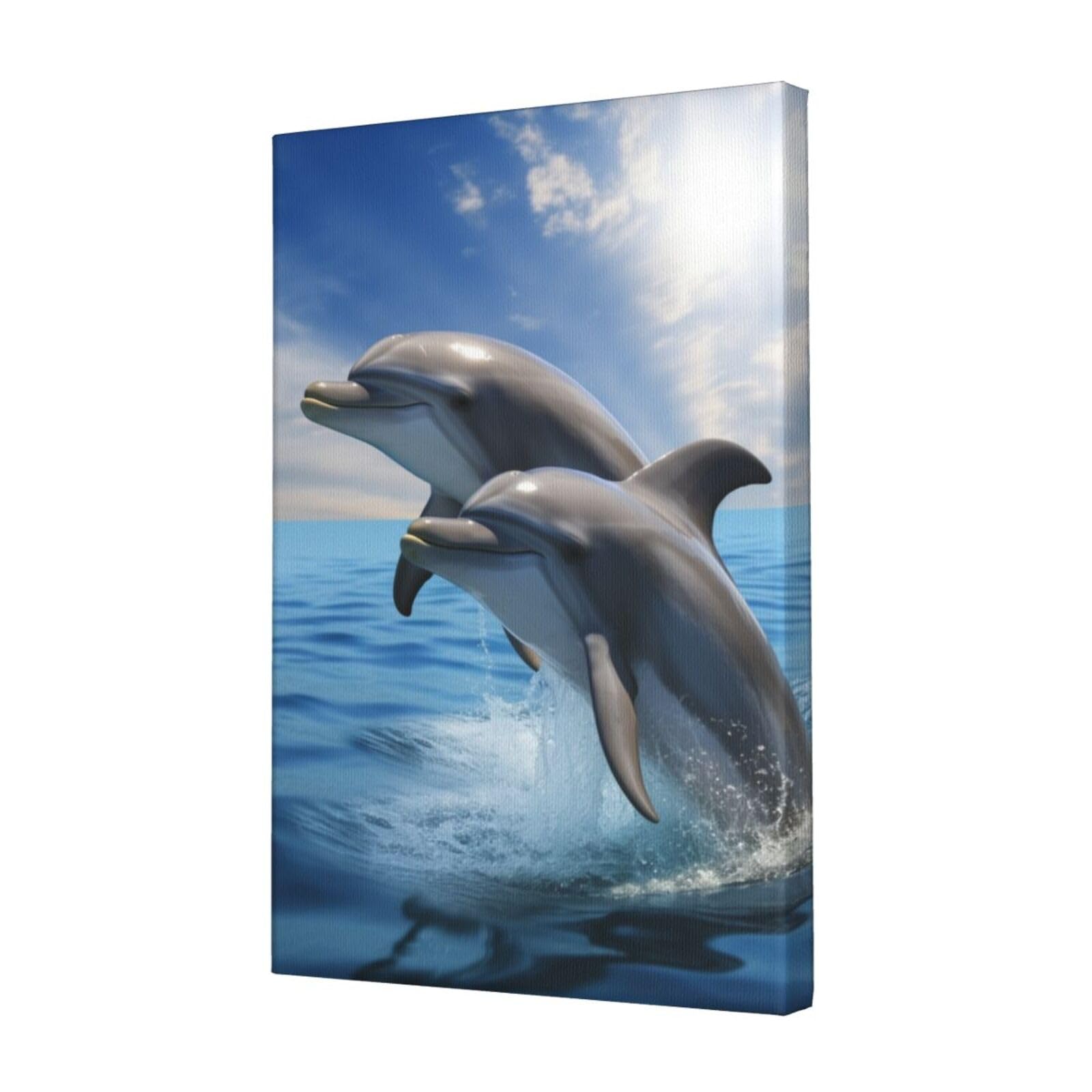 KLOPH Two Dolphins Canvas Wall Art for Living Room 12"x18" Modern Artwork Painting for Bathroom Hanging Canvas Prints Aesthetic Wallart for Bedroom Kitchen Office Wall Decor