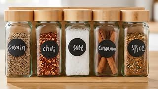Glass Seasons Jars with Bamboo Lids and Rack Stand, Kitchen Organiser Set, Clear Storage Containers with Labels,5pc Set