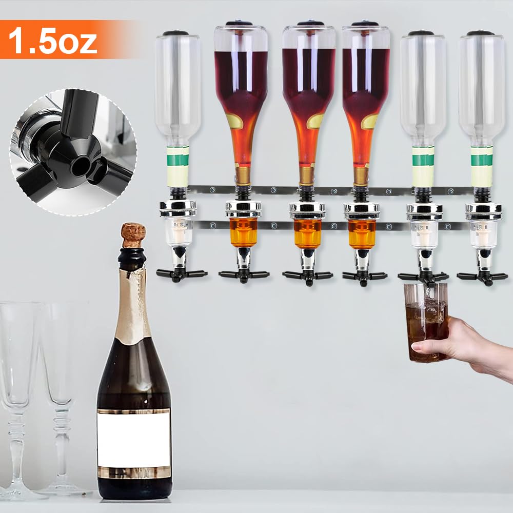 Bar Butler Dosificador Alcohol Mueble Óptico Dispensador de Verdor de Pared 4 o 6 Botella Soporte de Bebida Licor para Bar Hogar y Comerciales, Medidas Dosificación 25-45 ml (6 cabezas – (1,5 oz))