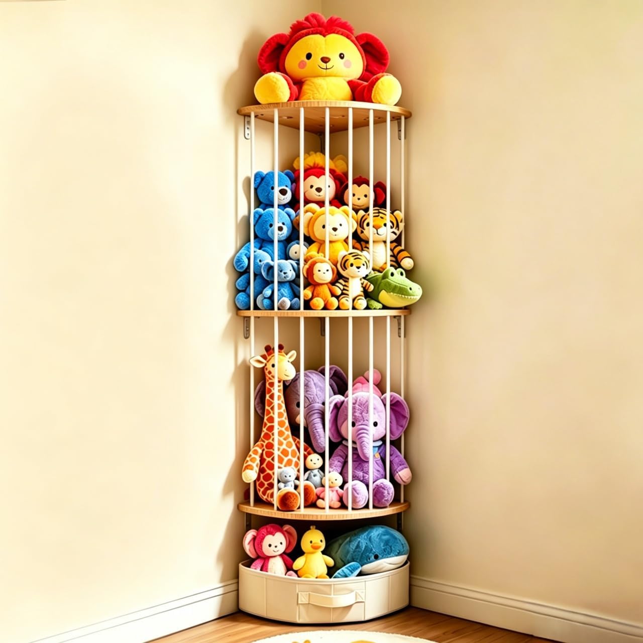 Jupwalz Double Layer Corner Stuffed Animal Storage Wooden, Adjustable Height Plush Toy Holder with Fan-Shaped Basket, 3-Panel Wall Mounted Toy Holder Space Saving Stuffed Animal Zoo for Nursery