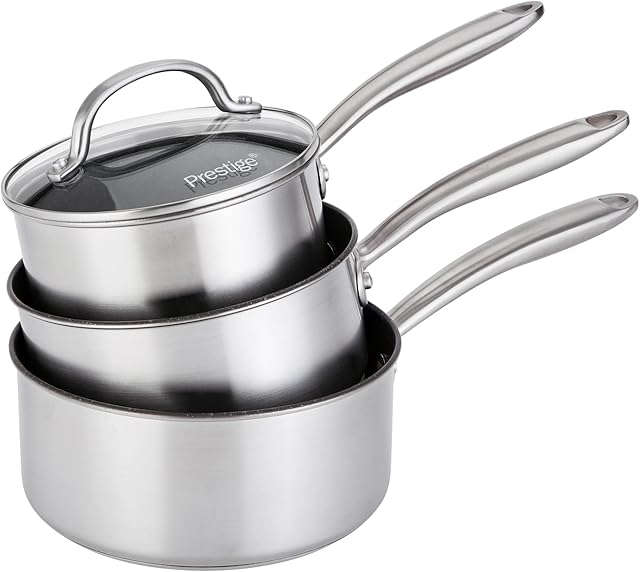 Prestige - Scratch Guard - 3pc Saucepan Set - 16/18/20cm - Stainless Steel - Scratch Resistant - Induction Suitable - Dishwasher and Oven Safe - Glass Lids