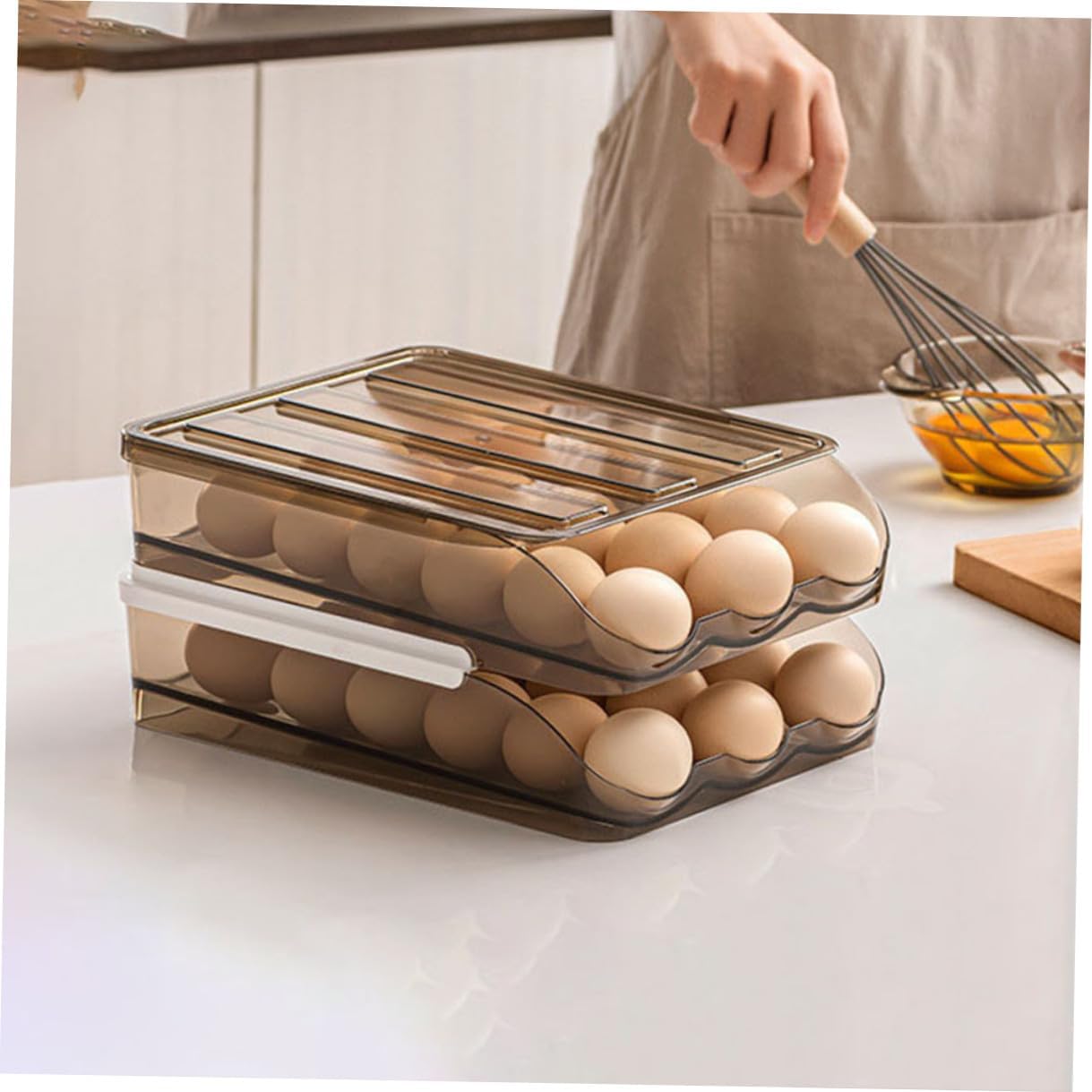 2-layer Egg Storage Container for Refrigerator Roll-on Egg Tray with Auto Scrolling down Function for Kitchen Fridge Organization