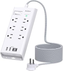Surge Protector Power Bar, 5 FT Flat Plug Extension Cord Indoor, Power Strip with 6 Outlets Charger, 4 USB Ports(2 USB C), Desktop Charging Station for Home, Office, Dorm