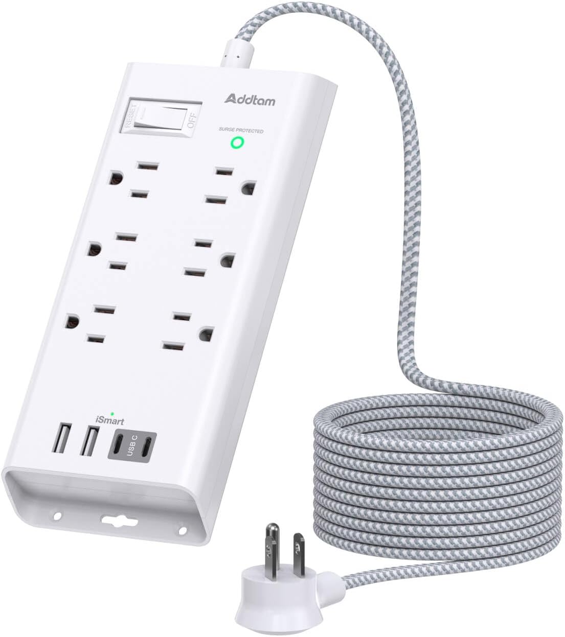 Addtam Power Strip Surge Protector 6 Outlets and 4 USB Ports(2 USB-C Ports) 5Ft Long Extension Cord, Flat Plug Overload Surge Protection Outlet Strip, Wall Mount for Home, Office and Dorm