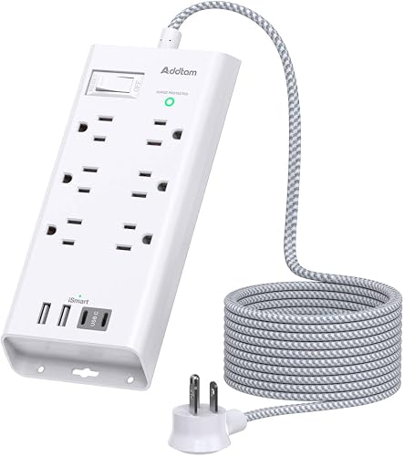 Surge Protector Power Bar, 5 FT Flat Plug Extension Cord Indoor, Power Strip with 6 Outlets Charger, 4 USB Ports(2 USB C), Desktop Charging Station for Home, Office, Dorm