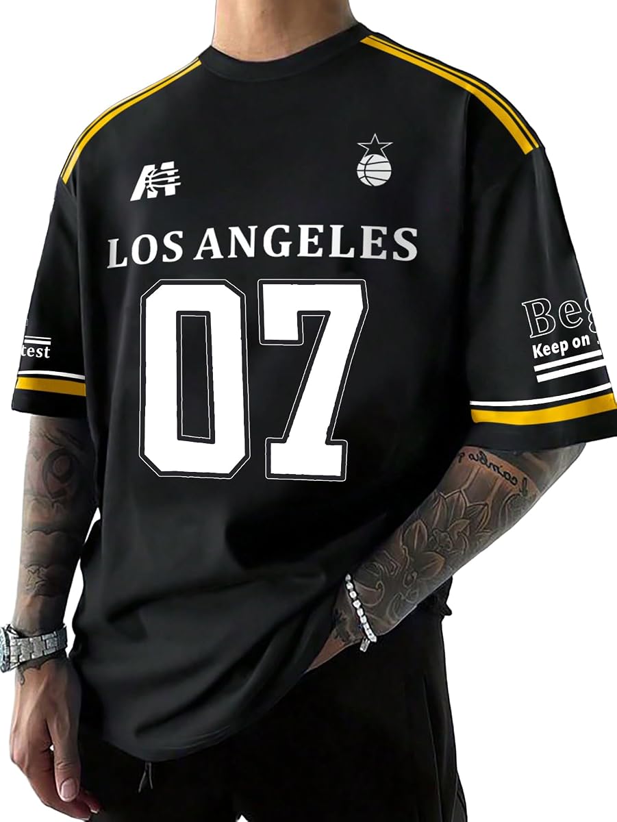 Men's Jersey Letter Print Graphic Oversized T Shirt Short Sleeve Crewneck Casual Football Jersey Shirts