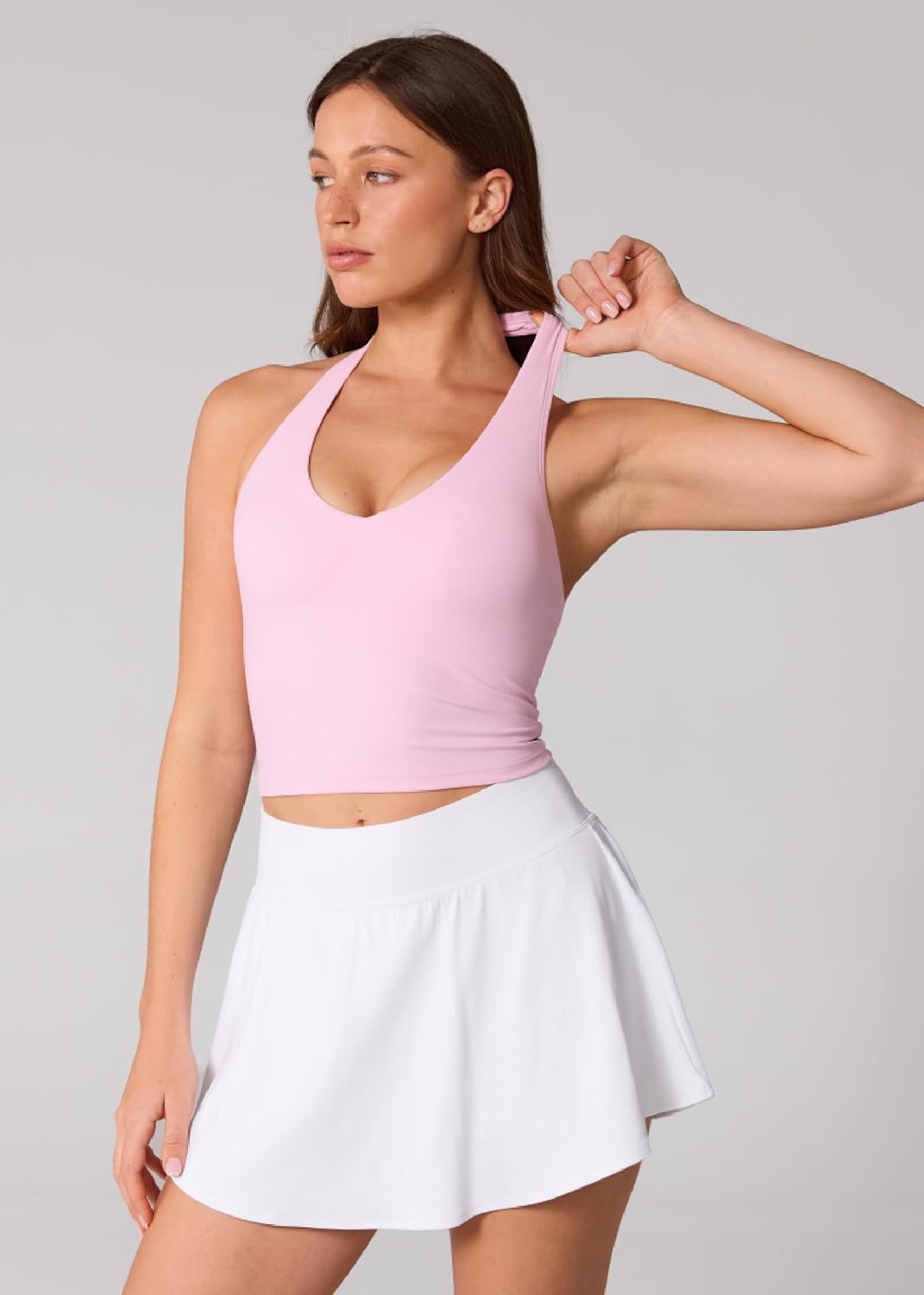 UNISSU Hugcurve Halter Longline Sports Bras for Women V Neck Open Back Crop Tank Tops with Built in Pads Workout Gym