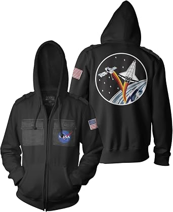 Ripple Junction NASA Mens Authentic Full Zip Hooded Sweatshirt w/Chest Pockets Shoulder Epaulettes Officially Licensed
