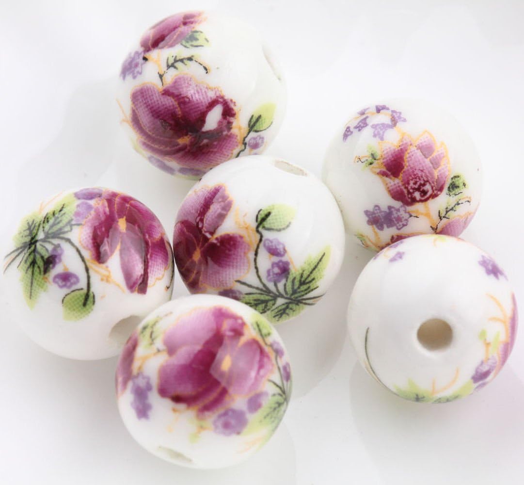 20Pcs White&Rose Flower Pattern Round Ceramic Porcelain Loose Spacer Beads Charms 12mm