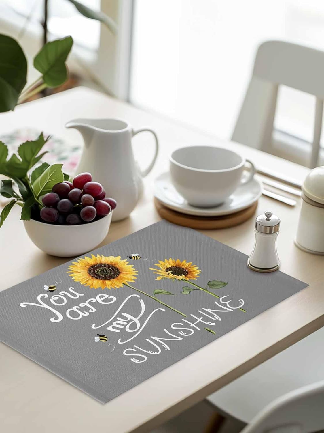 You Are My Sunshine Placemat for Dinning Table Sunflower Placemats Set of 4-Cotton Linen Waterproof Cloth Table Mat-Easy Clean Place Mat,Machine Washable Fabric,Rustic Farmhouse Holiday Dinner Decor