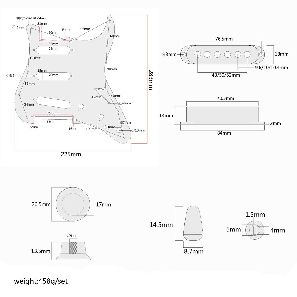 Alnicov 3-warstwowa wstępnie okablowana płyta ochronna Loaded Pickguard Scratchplate z SSS Alnico V Pickups Kit do gitar elektrycznych Strat ST (rysunek słojów)