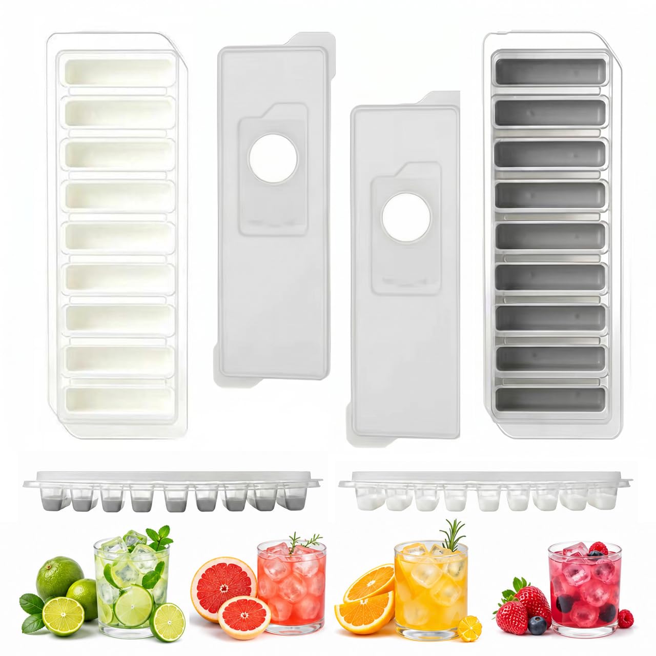 2 Pack Ice Cube Tray Narrow Water Bottle Ice Cube Silicone Long Ice Cube Moulds with No-Spill Removable Lid, 9 Cavities Water Bottle Ice Tray for Cocktail Bottles Juice Whiskey (Color B)