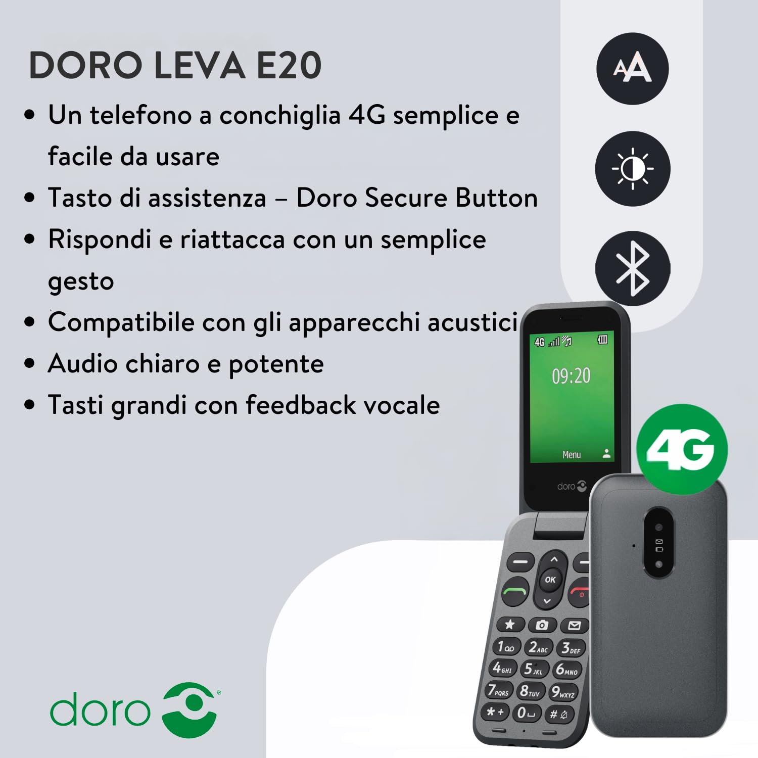 Doro - Leva E20 4G Flip Phone per anziani - Ampio display da 2,8", tasti ad alto contrasto, suono forte e chiaro, voce HD, fotocamera, pulsante assistenza - nero