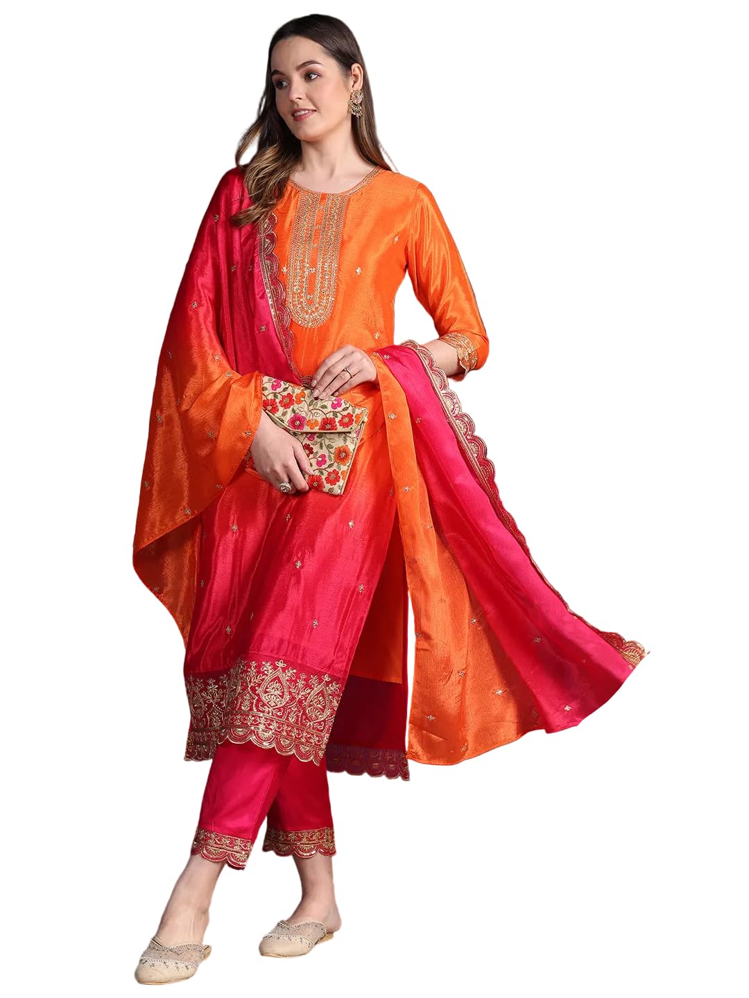 berrylicious Women’s Orange & Pink Embroidered Kurta Set with Dupatta | Ethnic Suit | Straight Fit Kurta Pant Set-picture-51