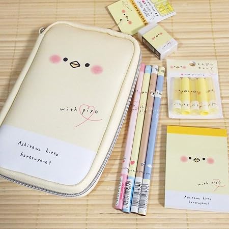 Amazon ふんわりいやし あにまる Piyoの文具セット フラットペンケース 鉛筆 消しゴム メモなど s 8 可愛い文房具 ひよこちゃんお揃い ペンケース 文房具 オフィス用品