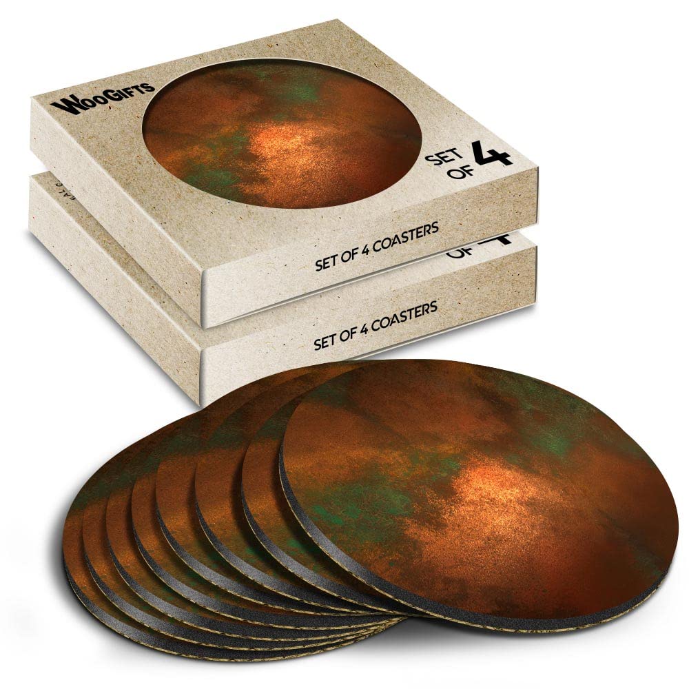 8 x Round Coasters - Copper Patina Effect Orange Colour Cork Backed MDF Glossy Tea Coffee Accessory #52740