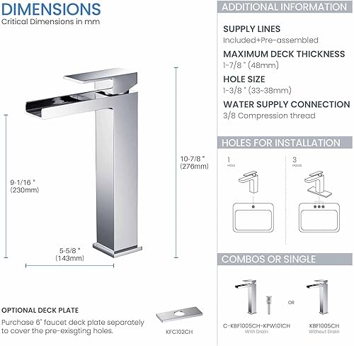 Miniatura 5 de KIBI Grifo de lavabo de latón con una sola manija en cascada, grifo de lavabo con manguera de agua (cromado)
