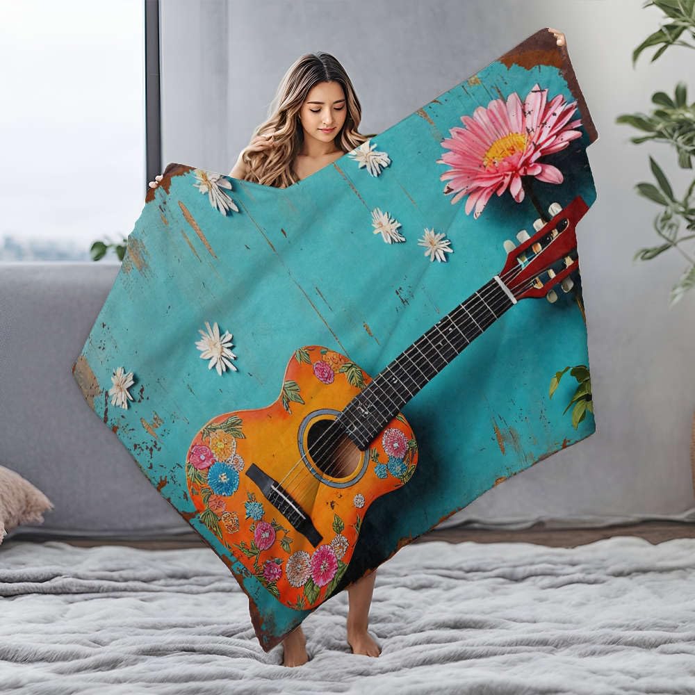 Couverture douce en flanelle chiot grand plaid imprimé guitare acoustique multicolore