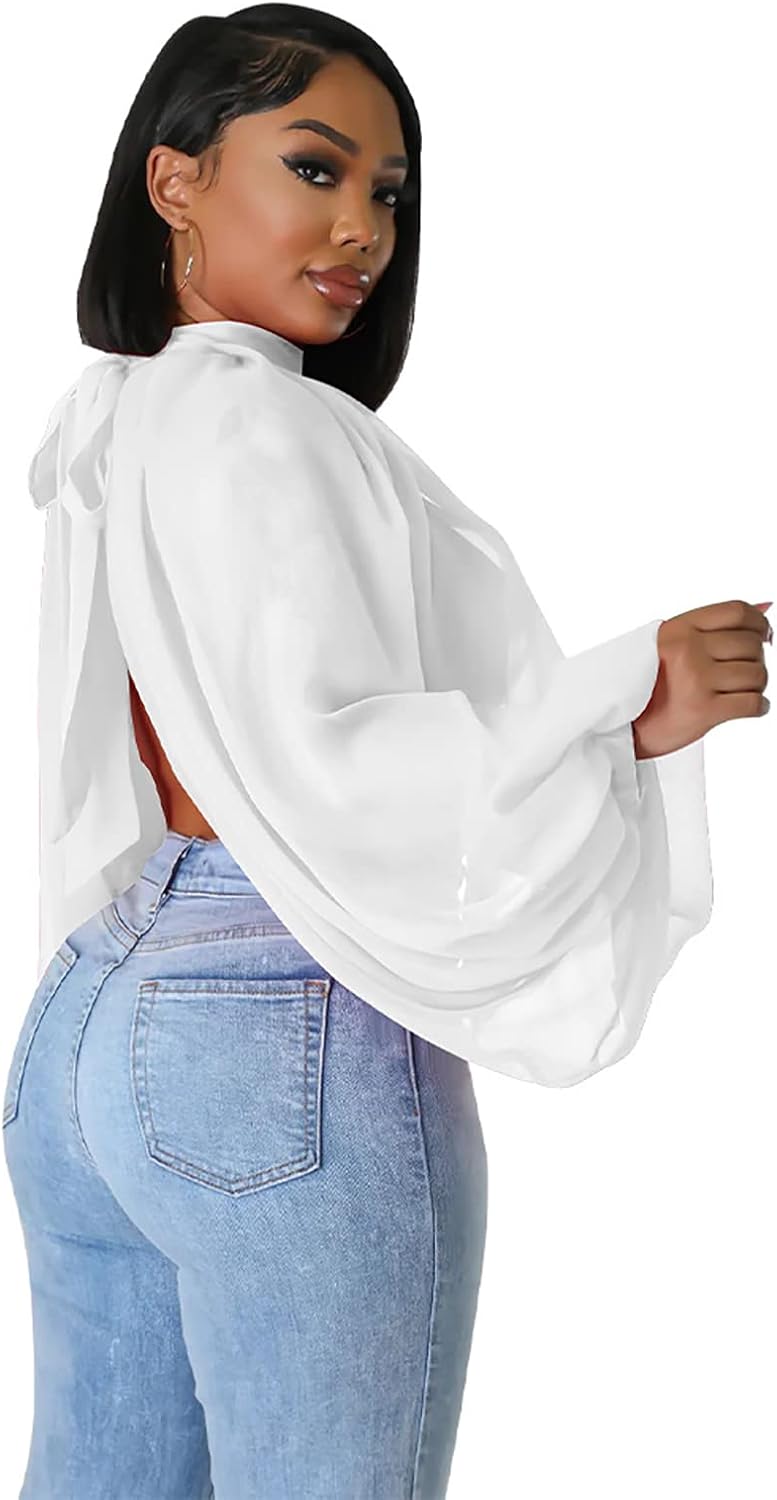 Women's Sexy See Through Chiffon Sheer Lantern Sleeve Front Back Open High Neck Self Tie Casual Shirts Blouses Tops - Image 3