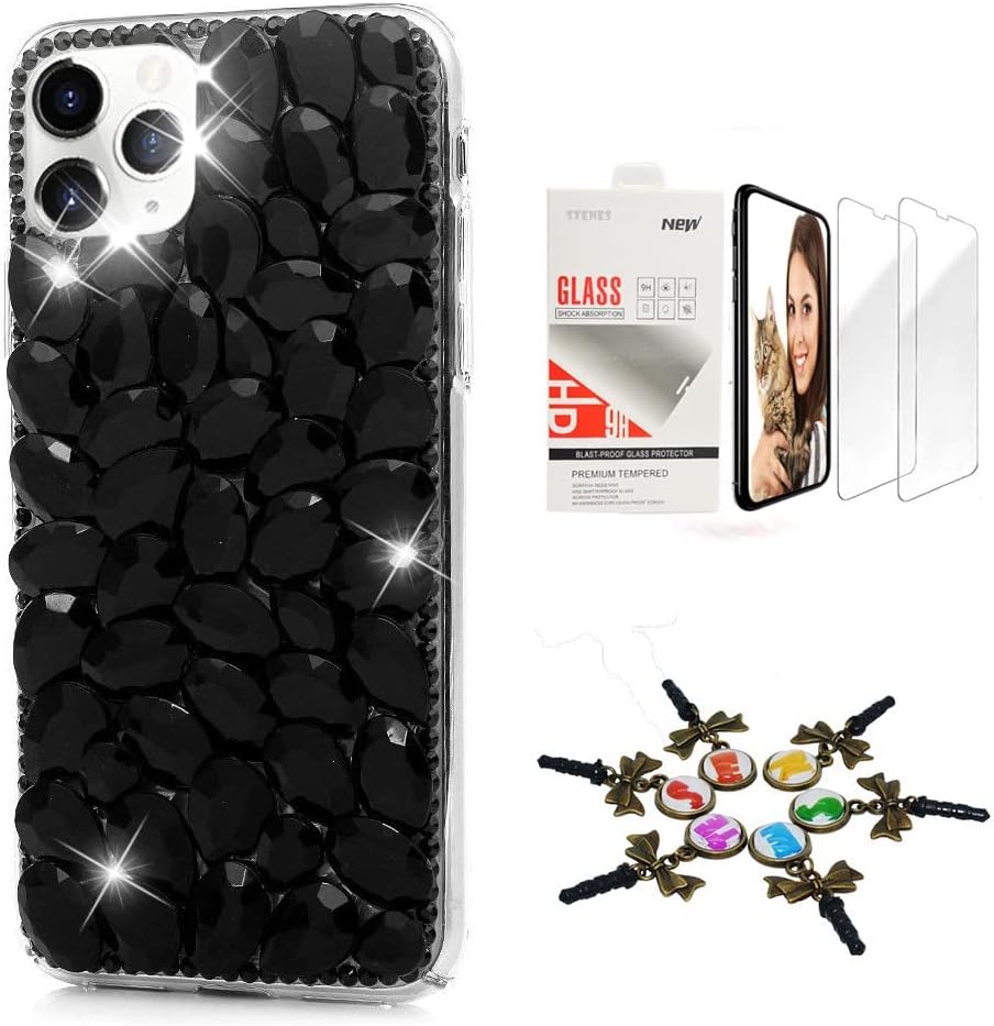 STENES Sparkle Case Compatible with iPhone 14 Pro - Stylish - 3D Handmade Bling Peacock Crystal Rhinestone Glitter Design Cover Case with Screen Protector [2 Pack] - Blue
